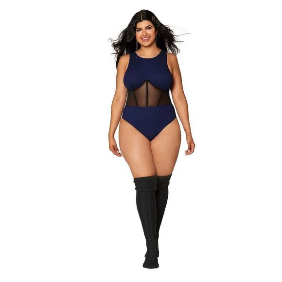 🦋B2G1🦋DREAMGIRL Rib Knit High Neck Racer-Back Teddy Sleepwear Lingerie | PLUS | - Picture 3 of 5
